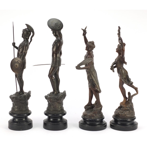 953 - Two pairs of spelter figures including a pair of Gladiators, the largest 43.5cm high