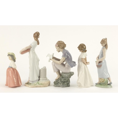 916 - Five Lladro and Nao figurines including a girl holding a basket of flowers, the largest 25.5cm high