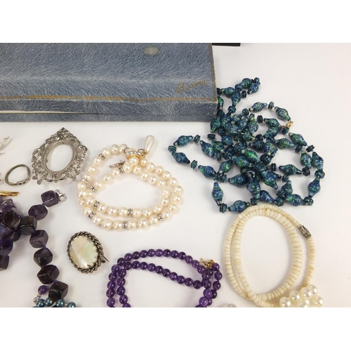 1506 - Vintage and later costume jewellery including an amethyst bead necklace with 9ct gold clasp, costume... 