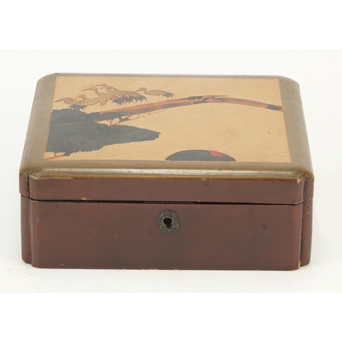 1251 - Japanese lacquered box decorated with cranes, 7.5cm H x 19.5cm W x 17.5cm D