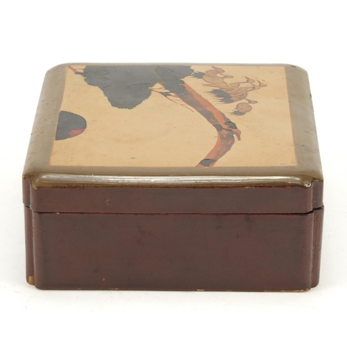 1251 - Japanese lacquered box decorated with cranes, 7.5cm H x 19.5cm W x 17.5cm D