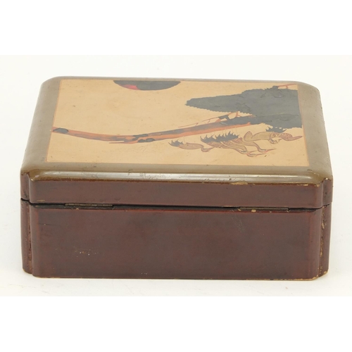 1251 - Japanese lacquered box decorated with cranes, 7.5cm H x 19.5cm W x 17.5cm D