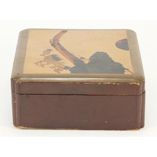 1251 - Japanese lacquered box decorated with cranes, 7.5cm H x 19.5cm W x 17.5cm D