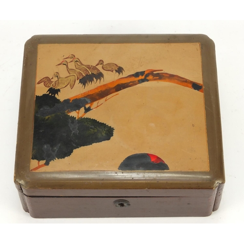 1251 - Japanese lacquered box decorated with cranes, 7.5cm H x 19.5cm W x 17.5cm D