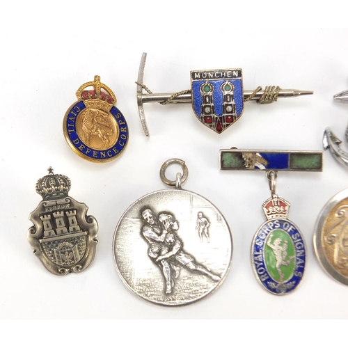 1446 - Military and other badges and lapels including silver and enamel Royal Corps of Signals and silver K... 