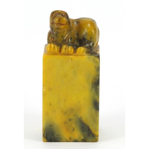 398 - Chinese hardstone seal carved with a mythical animal, 9cm high