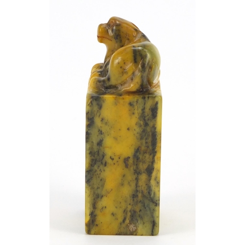 398 - Chinese hardstone seal carved with a mythical animal, 9cm high