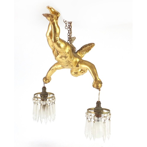 415 - Gilt cherub chandelier with cut glass drops, 31cm in length