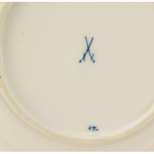 855 - Four Meissen soup plates, each hand painted in the Blue Onion pattern, crossed sword marks to the ba... 