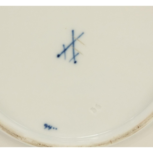 855 - Four Meissen soup plates, each hand painted in the Blue Onion pattern, crossed sword marks to the ba... 