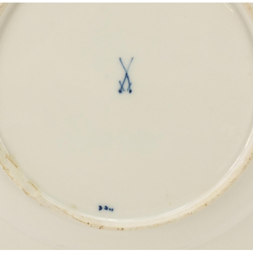 430 - Three Meissen shallow bowls and a plate, each hand painted in the Blue Onion pattern, crossed sword ... 