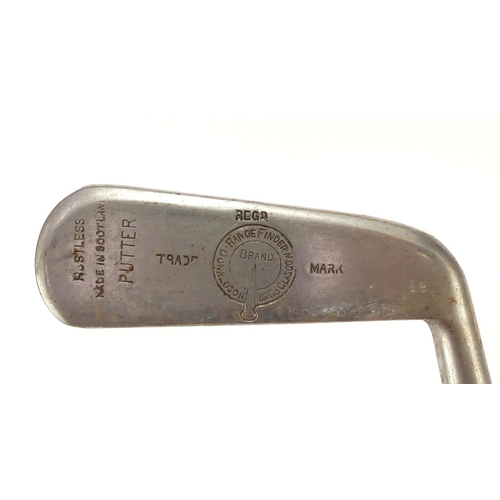 605 - Rangefinder Rustless wooden shafted putter made in Scotland together with a Gibsons Metro Topspin wo... 