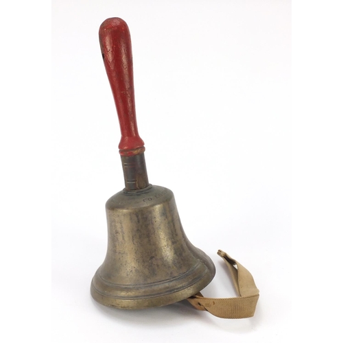 685 - Large bronze hand bell, Mears & Co London with red wooden painted handle, possibly fire brigade, 46c... 