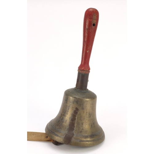 685 - Large bronze hand bell, Mears & Co London with red wooden painted handle, possibly fire brigade, 46c... 