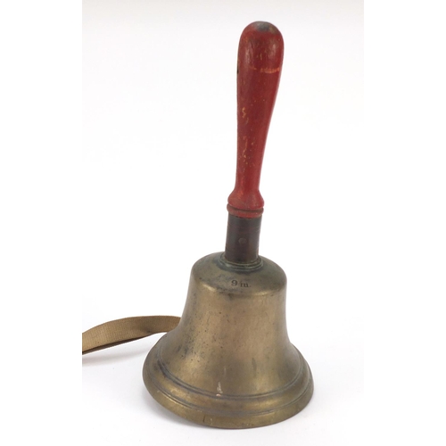 685 - Large bronze hand bell, Mears & Co London with red wooden painted handle, possibly fire brigade, 46c... 