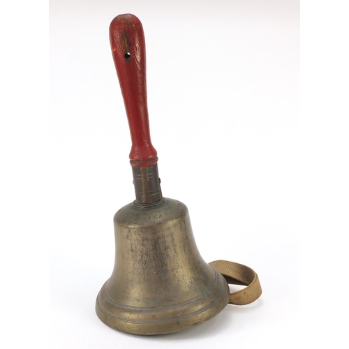 685 - Large bronze hand bell, Mears & Co London with red wooden painted handle, possibly fire brigade, 46c... 