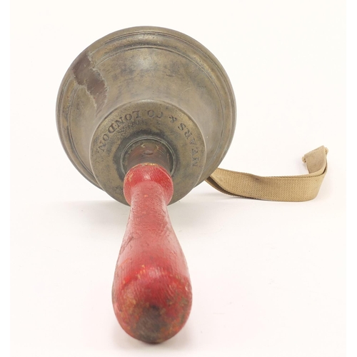 685 - Large bronze hand bell, Mears & Co London with red wooden painted handle, possibly fire brigade, 46c... 