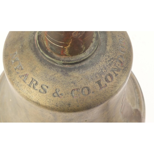 685 - Large bronze hand bell, Mears & Co London with red wooden painted handle, possibly fire brigade, 46c... 
