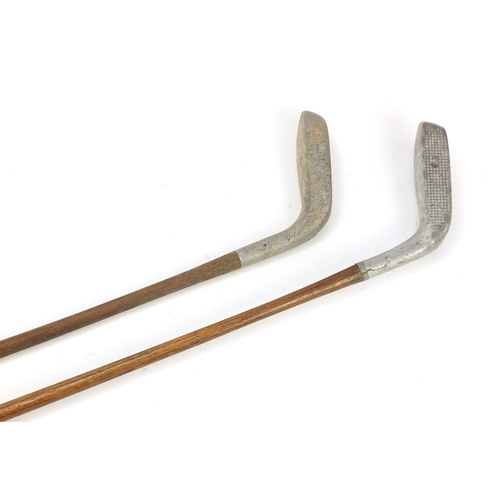 773 - Two Mills aluminium headed wooden shafted golf putters, X & Y models, the largest 90cm in length