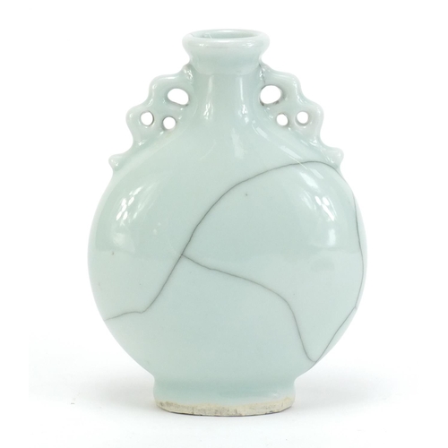 833 - Chinese celadon glaze porcelain moon flask with twin handles, 17cm high