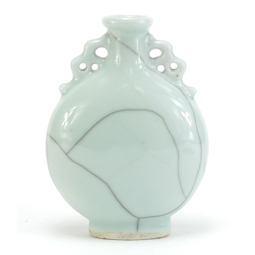 833 - Chinese celadon glaze porcelain moon flask with twin handles, 17cm high