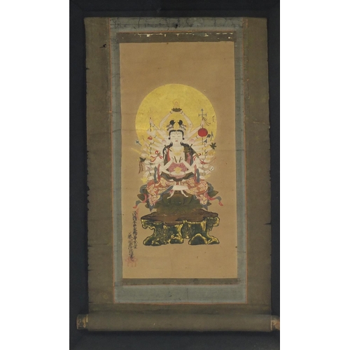 64 - Tibetan hand painted scroll of buddha housed in a Chinese hardwood frame carved with dragons, 70cm x... 