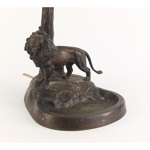40 - Otto Kainz Austrian bronze table lamp with a lion standing under a pierced tree shade, impressed 'Au... 
