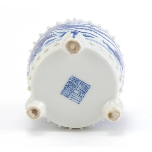 389 - Chinese blue and white porcelain tripod incense burner with pierced lid, hand painted with bats, dra... 