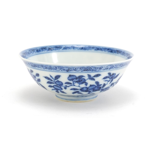 486 - Chinese blue and white porcelain bowl hand painted with fruits and flowers, six figure Qianlong char... 