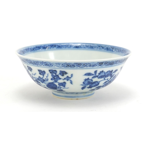 486 - Chinese blue and white porcelain bowl hand painted with fruits and flowers, six figure Qianlong char... 