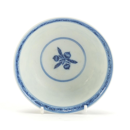 486 - Chinese blue and white porcelain bowl hand painted with fruits and flowers, six figure Qianlong char... 