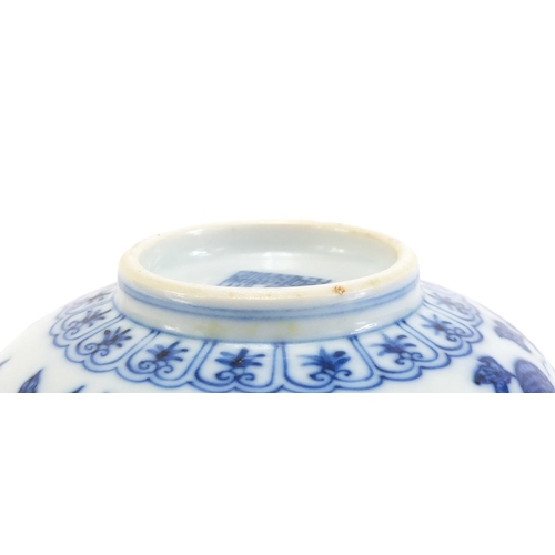 486 - Chinese blue and white porcelain bowl hand painted with fruits and flowers, six figure Qianlong char... 