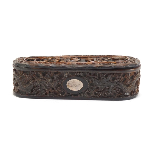 634 - Chinese Canton tortoiseshell snuff box having a hinged lid and inset silver cartouche, carved with d... 