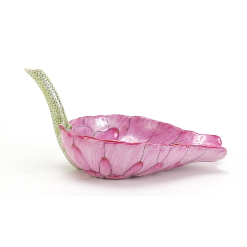 738 - Chinese porcelain lotus leaf libation cup, character marks to the spout, 17cm in length