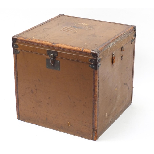 1592 - Vintage French metal bound leather steamer trunk by Au Depart, label to the interior, 60.5cm H x 60c... 