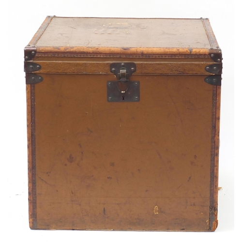 1592 - Vintage French metal bound leather steamer trunk by Au Depart, label to the interior, 60.5cm H x 60c... 