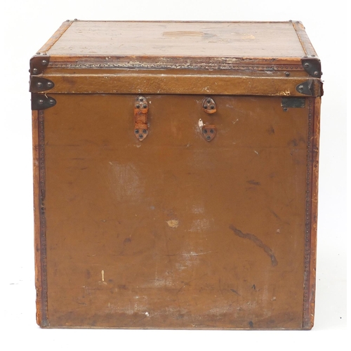 1592 - Vintage French metal bound leather steamer trunk by Au Depart, label to the interior, 60.5cm H x 60c... 