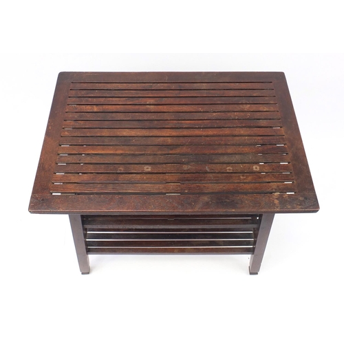 1591 - Shipping interest teak three tier table built from the timber of HMS Ganges, with Castle's Ship Brea... 