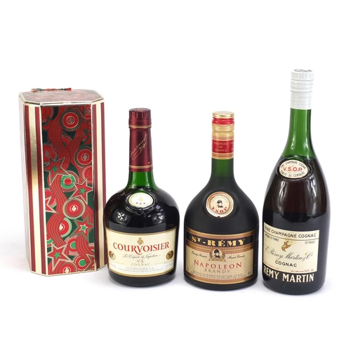 72 - Three bottles of cognac/brandy comprising Vintage Remy Martin VSOP, Courvoisier with box and Napoleo... 