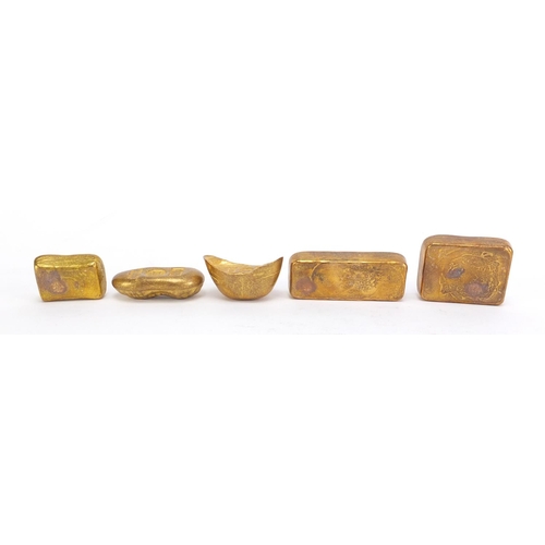 1479 - Five Chinese gold coloured metal ingots, the largest 6.5cm wide, 630g