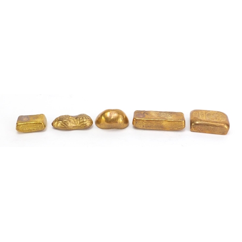 1479 - Five Chinese gold coloured metal ingots, the largest 6.5cm wide, 630g