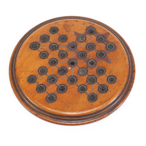 713 - 19th century solitaire board and a selection of mostly swirl marbles, the board 19.5cm in diameter