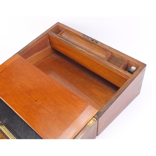 243 - Victorian campaign style walnut writing slope with brass mounts and tooled leather slide, 19.5cm H x... 