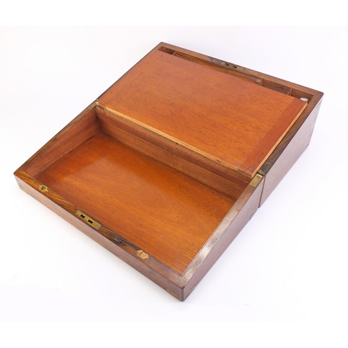 243 - Victorian campaign style walnut writing slope with brass mounts and tooled leather slide, 19.5cm H x... 