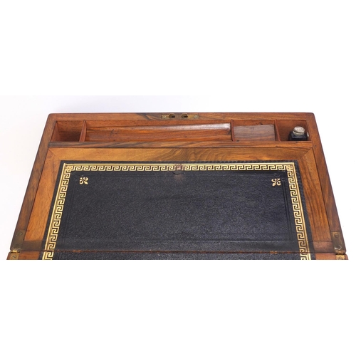 243 - Victorian campaign style walnut writing slope with brass mounts and tooled leather slide, 19.5cm H x... 