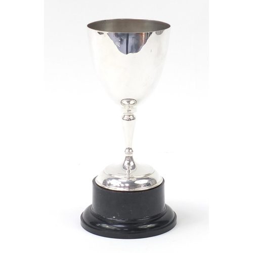 368 - Large silver plated uninscribed sporting trophy with original mahogany carrying box, 34cm high