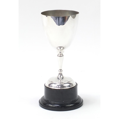 368 - Large silver plated uninscribed sporting trophy with original mahogany carrying box, 34cm high