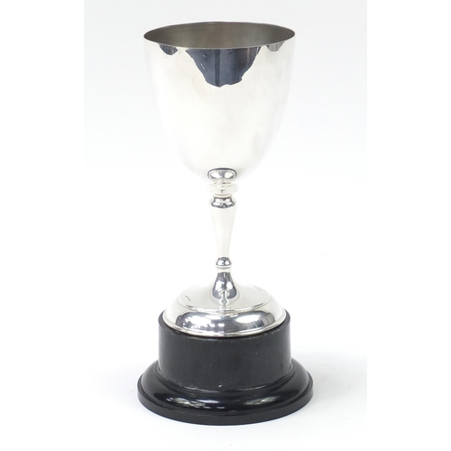 368 - Large silver plated uninscribed sporting trophy with original mahogany carrying box, 34cm high