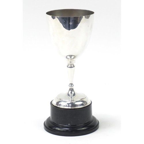 368 - Large silver plated uninscribed sporting trophy with original mahogany carrying box, 34cm high