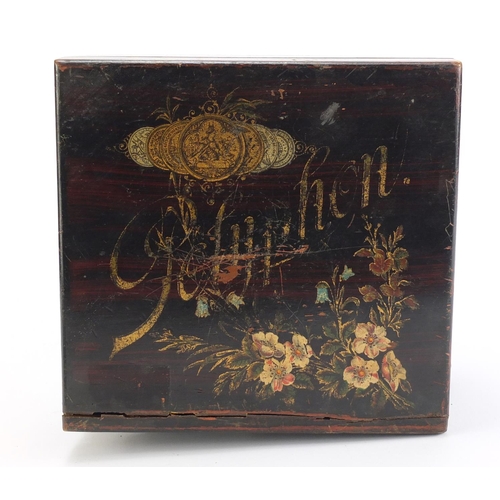 85 - Wooden cased 6 inch polyphone music box with fifteen discs, the top with hand painted floral pattern... 